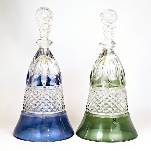 Set of 2 1970s-era Pressed Glass Bells - Purple & Green Painted Bases - Vintage - Picture 2 of 6